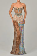 Vestido largo ajustado de gasa con estampado de leopardo, paneles de encaje sexy y abertura alta