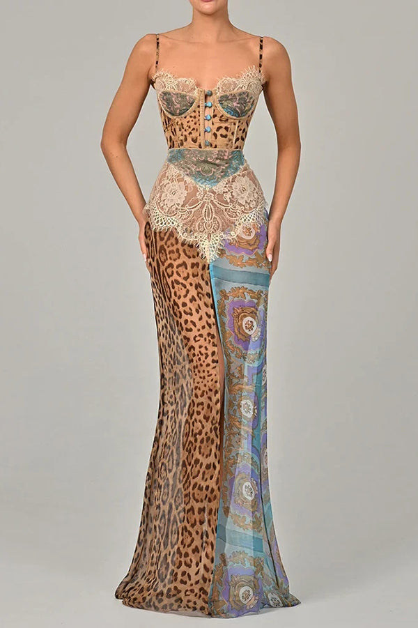 Vestido largo ajustado de gasa con estampado de leopardo, paneles de encaje sexy y abertura alta