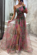Vestido largo Belleza Pintoresca de tul floral plisado con manga asimétrica de un hombro y abertura