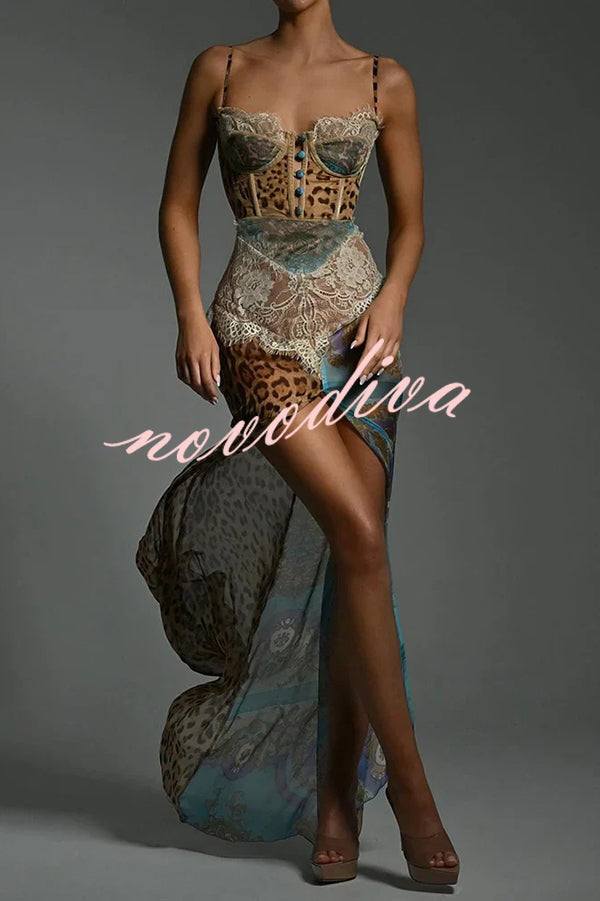Vestido largo ajustado de gasa con estampado de leopardo, paneles de encaje sexy y abertura alta