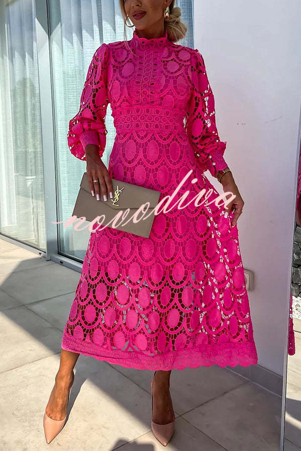 Vestido midi de fiesta Romántico, Sensual y Elegante de encaje de ganchillo con manga farol