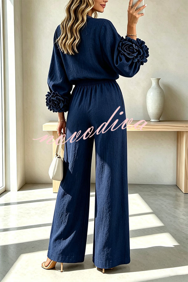 Conjunto de mezcla de lino de blusa con puños florales y pantalón con cintura elástica y bolsillos
