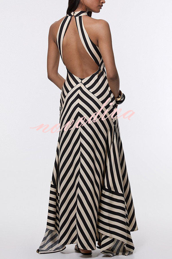 Vestido largo Perfección Moderna con estampado de rayas geométricas, espalda abierta y bajo irregular