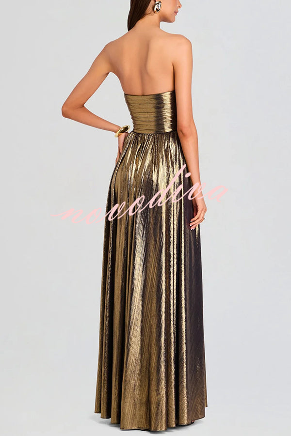 Vestido largo Temperamento de Diosa de tejido metalizado plisado con hombros descubiertos y abertura