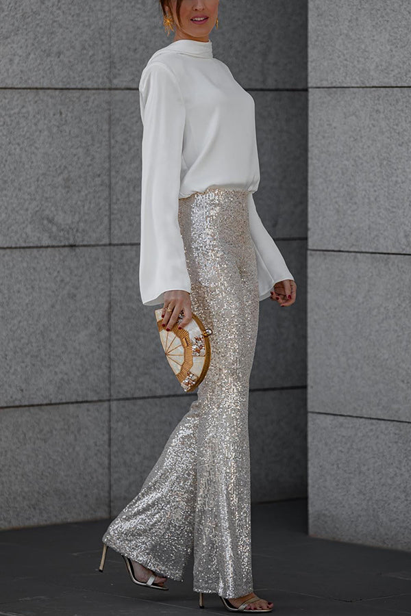 Pantalón acampanado Diva de terciopelo con lentejuelas, talle alto y cintura elástica