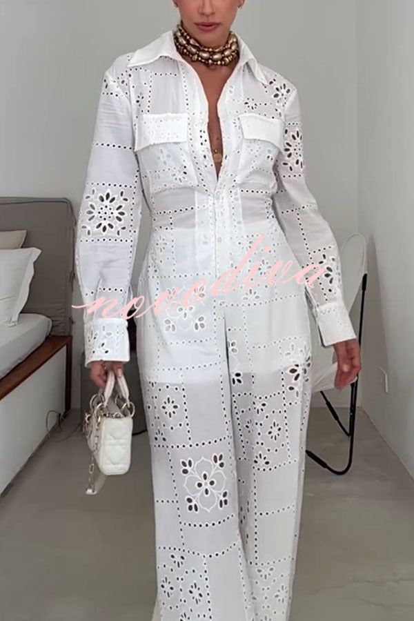 Mono camisero holgado Vivi de encaje bordado con aberturas, manga larga, bolsillos y cintura elástica