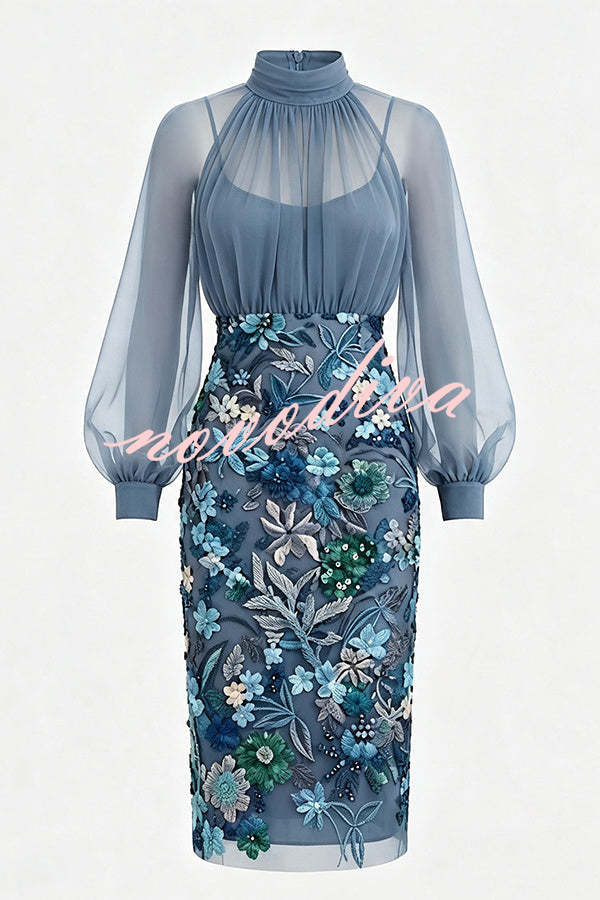 Vestido midi ajustado Analie de gasa con cuello alto, manga farol y bajo floral de lentejuelas