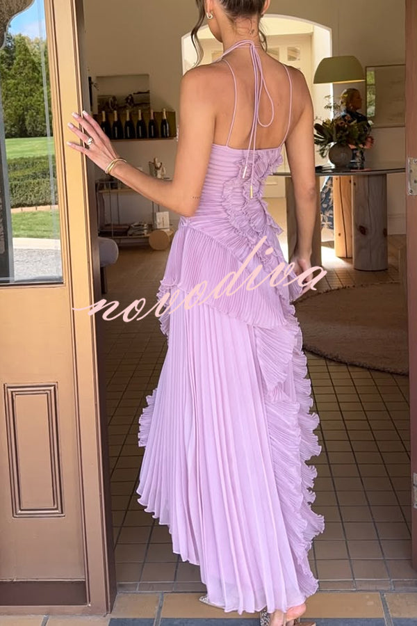 Vestido largo de gala halter Dream Ode con pliegues y volantes estilo nenúfar
