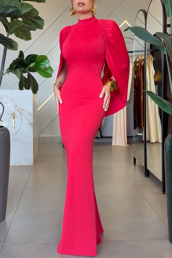 Vestido largo de noche sirena con cuello alto, manga capa, drapeado y espalda abierta