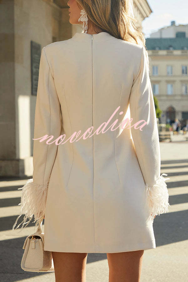 Minivestido recto de manga larga con ribete de plumas, ideal para una cita inolvidable
