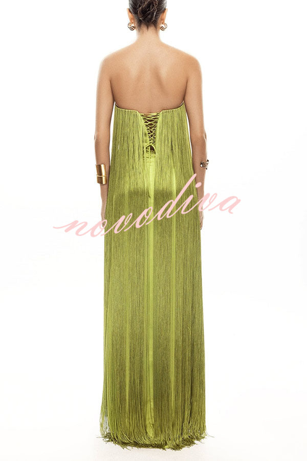 Vestido largo de gala hasta el suelo Dreamy Eye-catching con flecos brillantes y hombros descubiertos