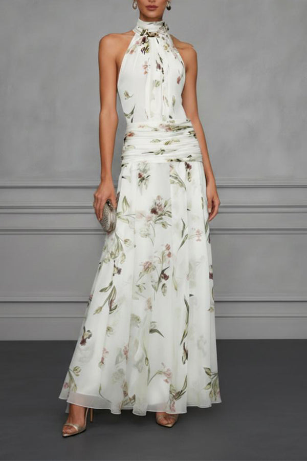 Vestido Aria floral halter fruncido