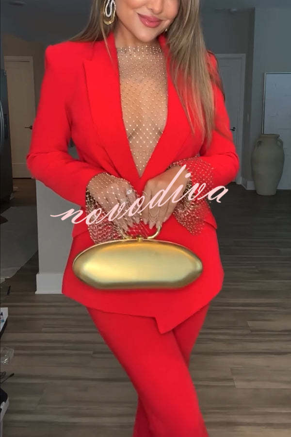 Conjunto Estilo de Vida de Lujo de blazer con solapa y un botón y pantalón de traje recto con cintura elástica y bolsillos