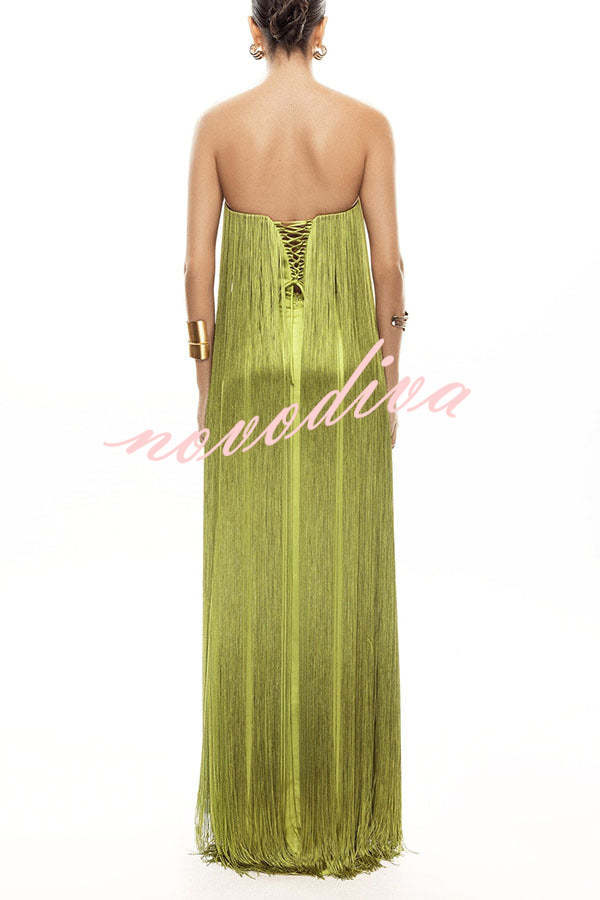 Vestido largo de gala hasta el suelo Dreamy Eye-catching con flecos brillantes y hombros descubiertos