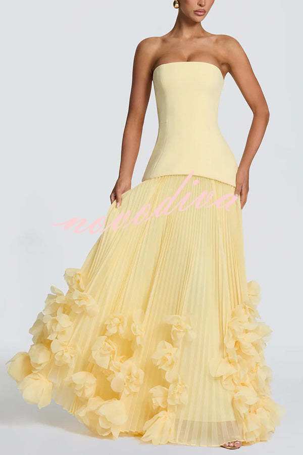 Vestido largo de gala Serafina palabra de honor con apliques florales hechos a mano, bajo plisado y lazada en la espalda
