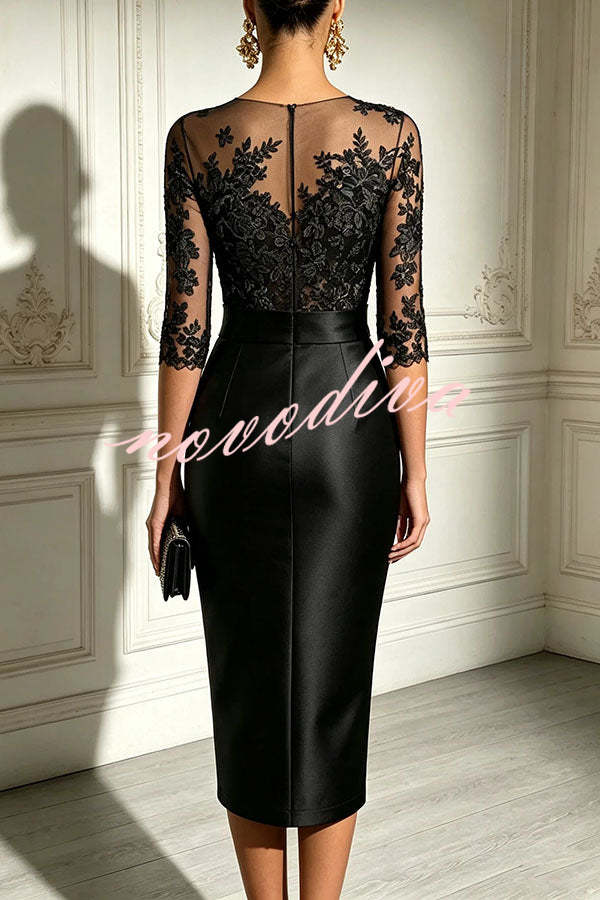 Vestido midi ajustado de malla con bordado floral y satén, escote barco, media manga y lazo en la cintura