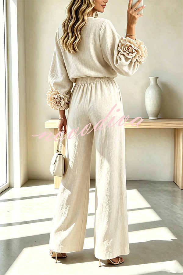 Conjunto de mezcla de lino de blusa con puños florales y pantalón con cintura elástica y bolsillos