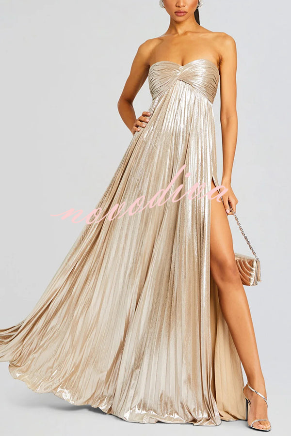 Vestido largo sexy metalizado palabra de honor plisado con abertura alta