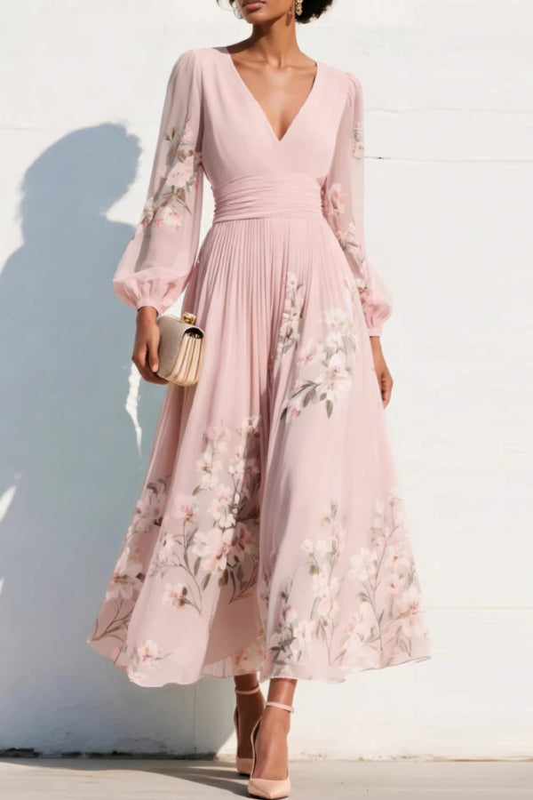 Vestido largo casual con estampado floral, escote en V, manga larga y cintura entallada