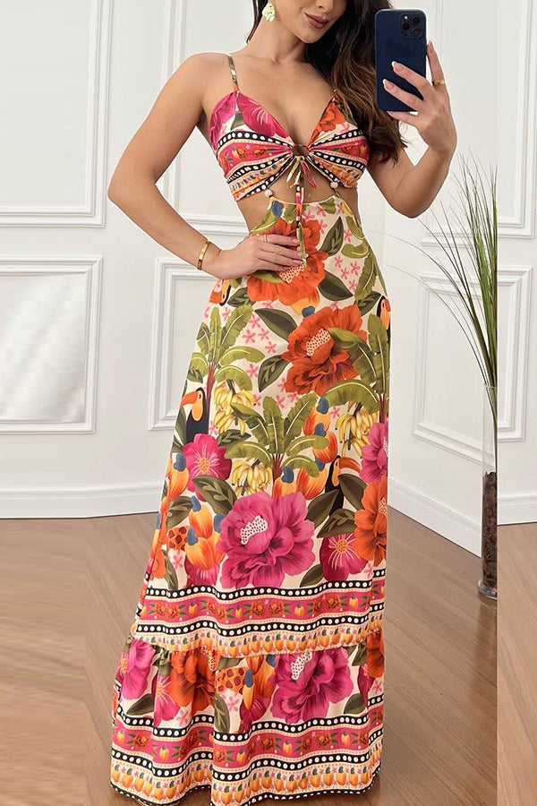 Vestido largo Estilo México con estampado tropical, abertura con aro y lazada, ideal para vacaciones