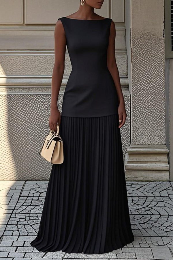 Vestido largo elegante de color liso sin mangas y plisado