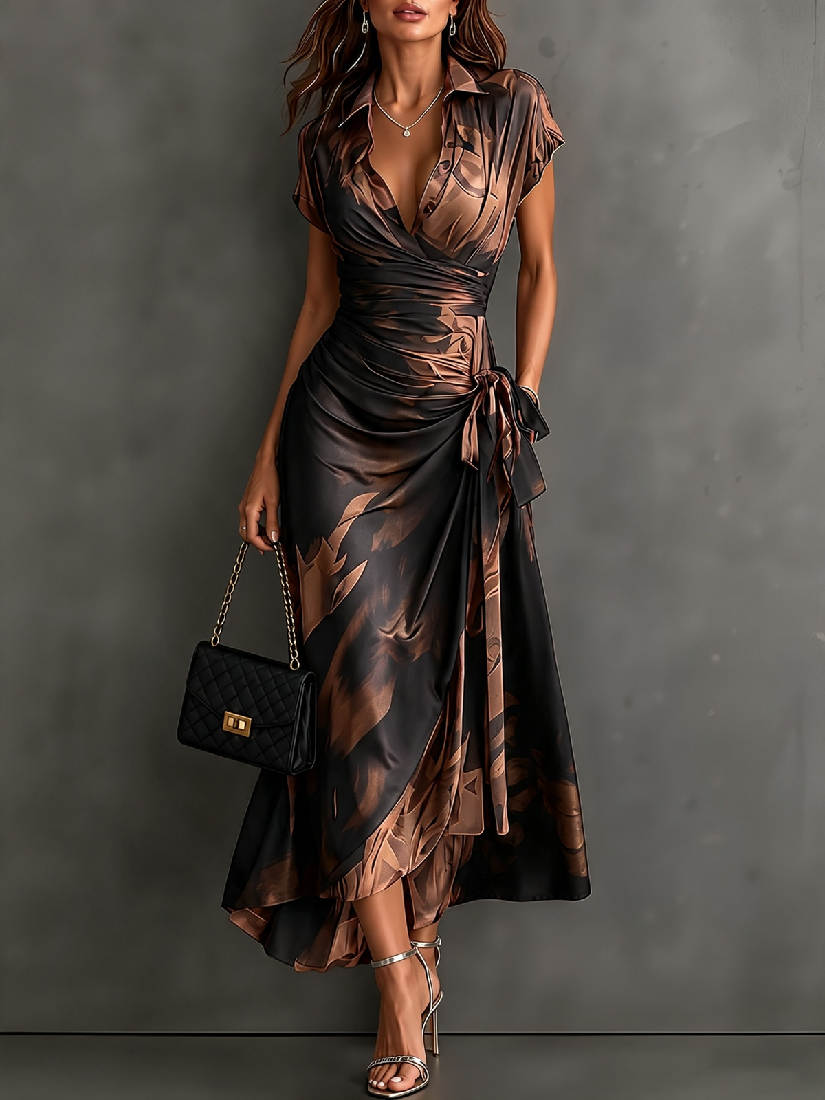 Vestido midi cruzado con estampado abstracto marrón y negro