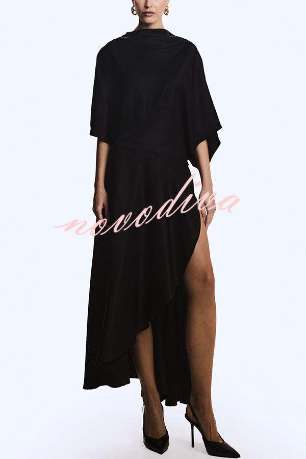 Vestido largo holgado Moderno y Elegante de satén cruzado con media manga ancha, bolsillos y abertura