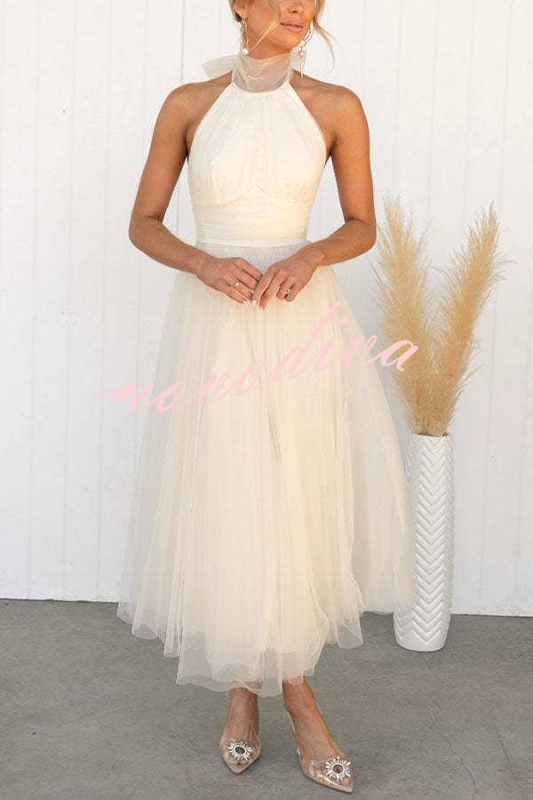 Vestido largo halter Fairy Vibes de tul con detalle fruncido