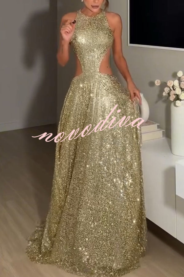 Vestido largo con vuelo Dazzling Night de lentejuelas con cuello redondo, abertura en la cintura y espalda descubierta