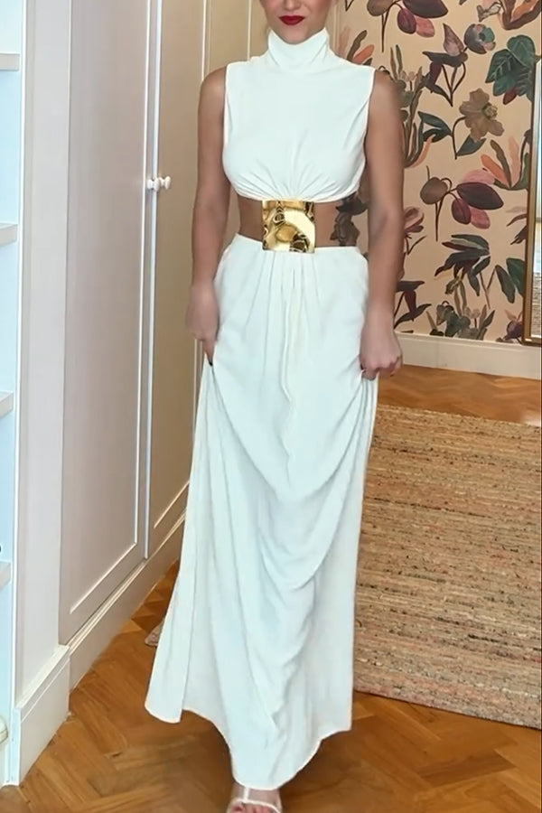 Vestido largo Avery de cuello alto con decoración metálica y abertura en la cintura