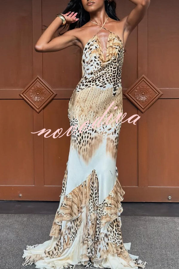 Vestido largo Coral de satén con estampado de leopardo, cuello halter caído y bajo con volantes exagerados