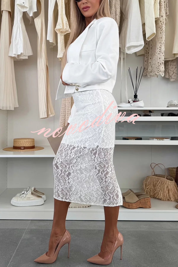 Falda midi elástica Lesia de encaje floral de talle alto con abertura
