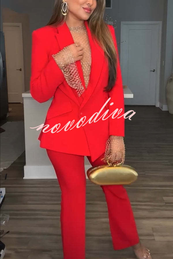 Conjunto Estilo de Vida de Lujo de blazer con solapa y un botón y pantalón de traje recto con cintura elástica y bolsillos