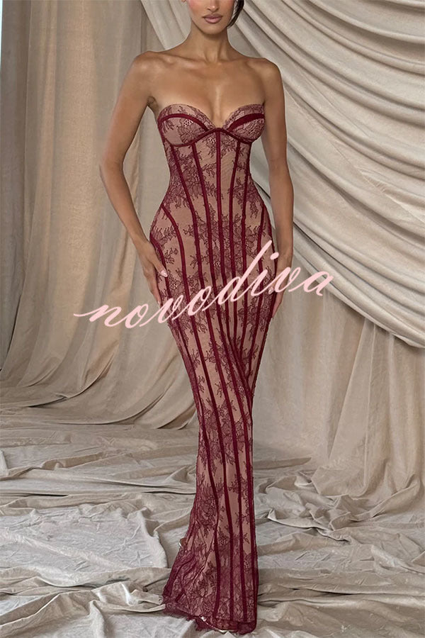 Vestido largo Sian palabra de honor de encaje floral con detalle estructurado en contraste, abertura y lazada en la espalda