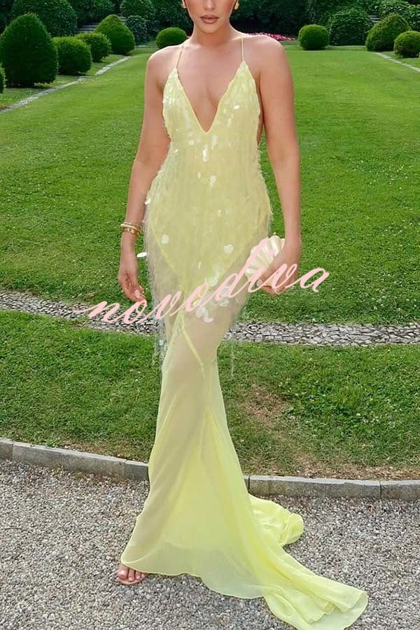 Vestido largo lencero Noche Perfecta de lentejuelas bordadas con espalda descubierta y bajo drapeado de tul