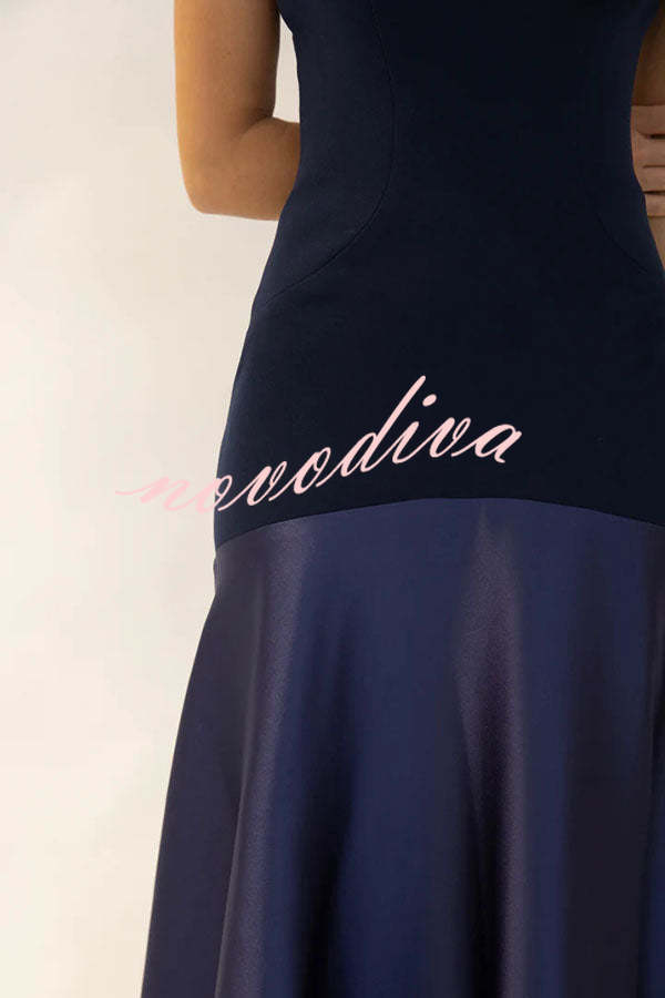 Vestido largo de gala palabra de honor de satén con paneles y vuelo, elegancia atemporal