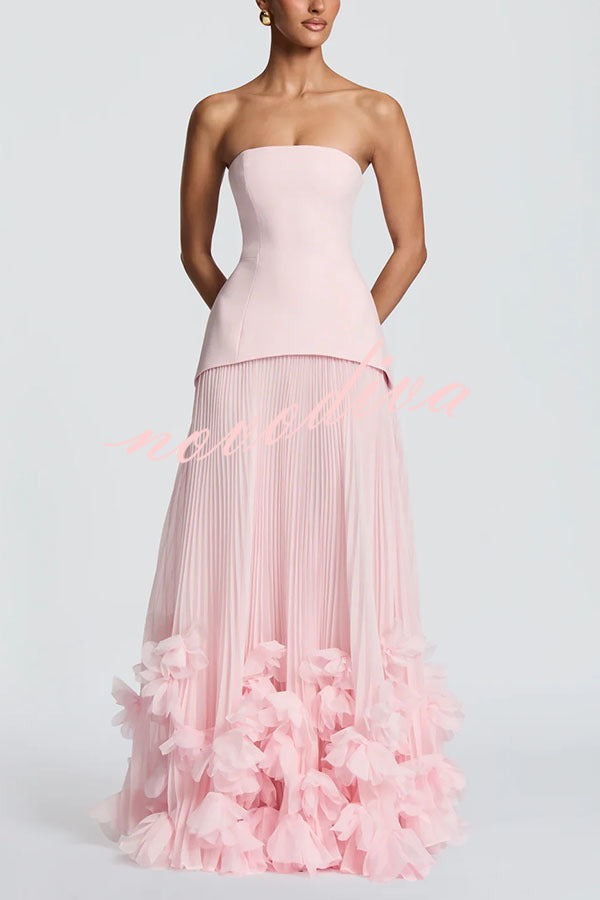 Vestido largo de gala Serafina palabra de honor con apliques florales hechos a mano, bajo plisado y lazada en la espalda