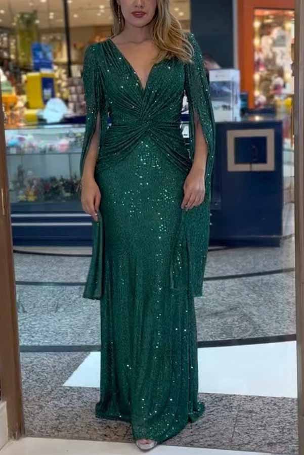 Vestido largo de noche Brilla Más de lentejuelas con manga capa y cintura cruzada