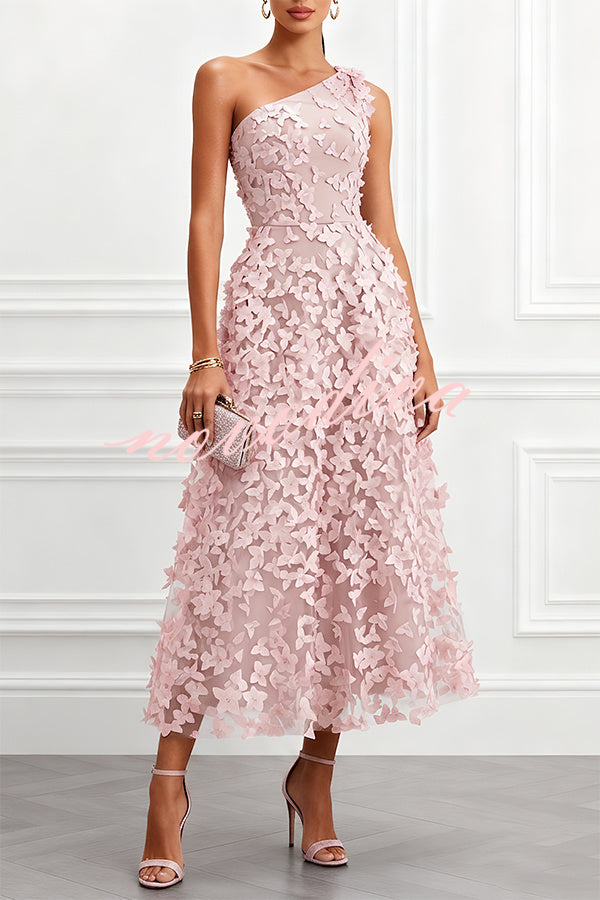 Vestido midi evasé Lynelle de tul con flores y mariposas 3D, asimétrico de un hombro y sin mangas