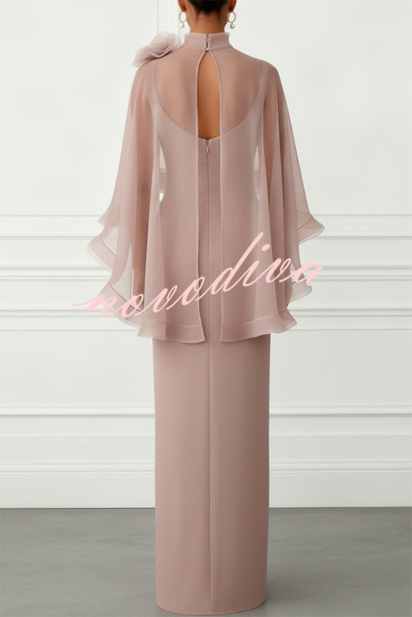 Vestido largo de gala Tallisa de malla con flores 3D, cuello perkins y media manga capa