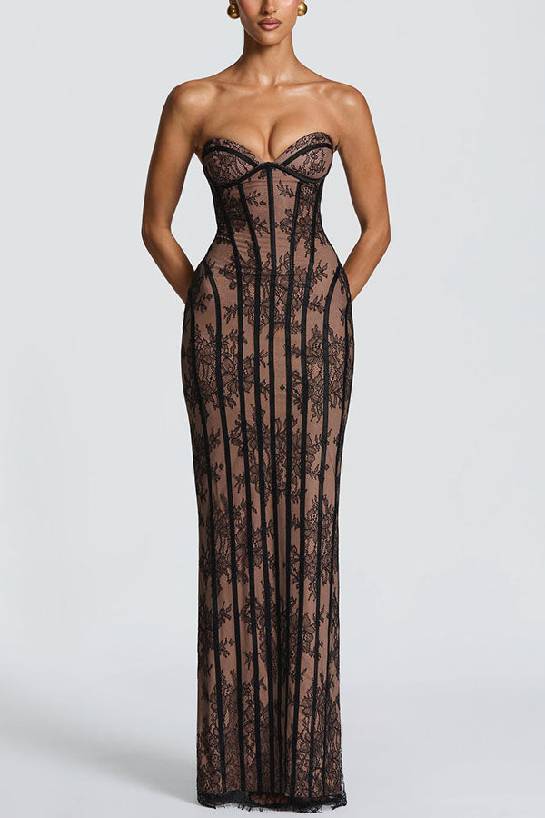 Vestido largo Sian palabra de honor de encaje floral con detalle estructurado en contraste, abertura y lazada en la espalda
