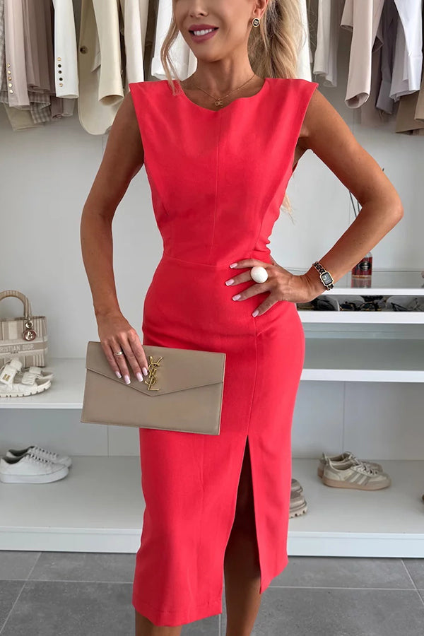 Vestido midi elástico Charming Lady liso con cuello redondo, sin mangas, cintura marcada y abertura