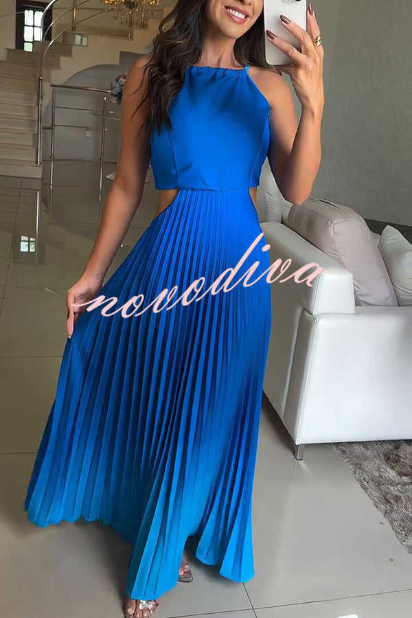 Vestido largo elegante plisado degradado con espalda descubierta y lazada
