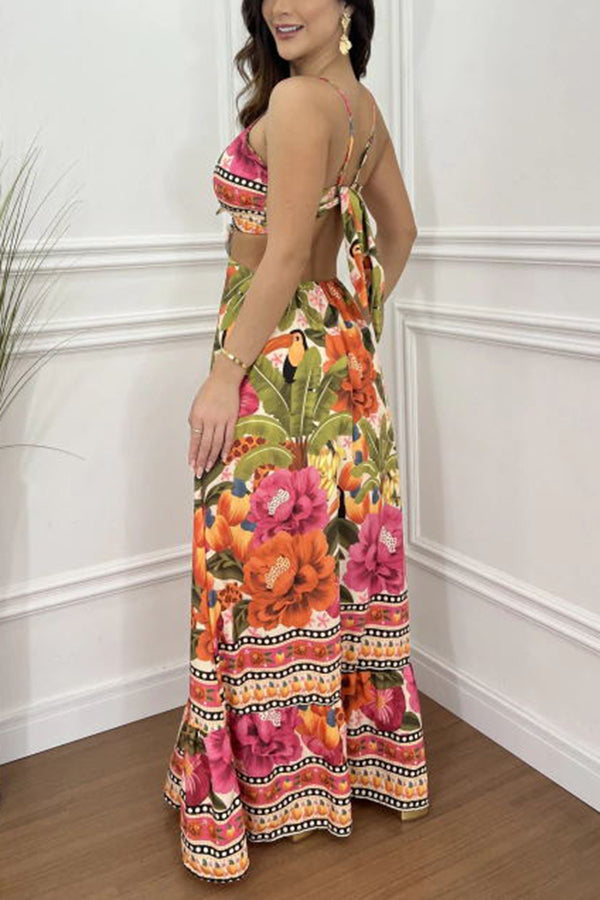 Vestido largo Estilo México con estampado tropical, abertura con aro y lazada, ideal para vacaciones