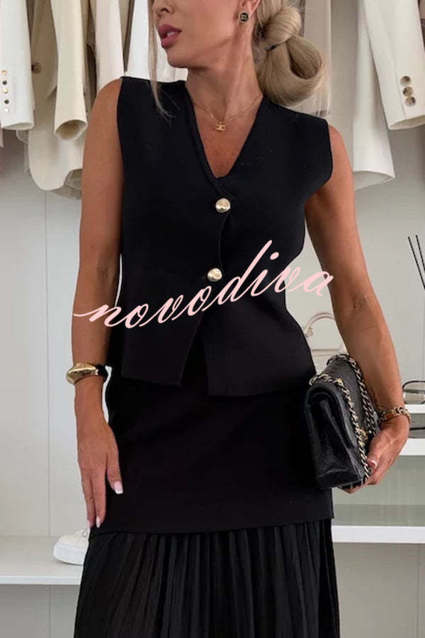 Chaleco holgado de punto con escote en V y botones dorados, elegante y con estilo