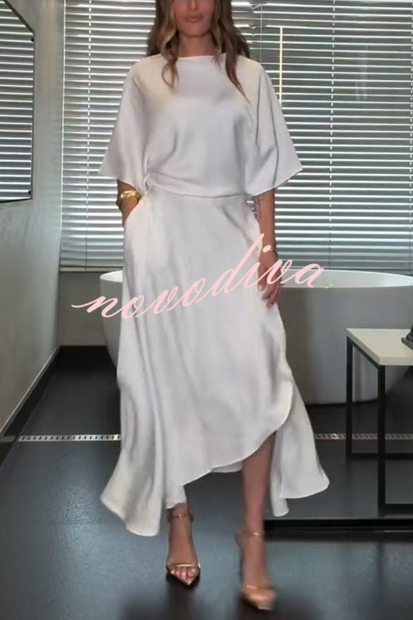 Vestido largo holgado Moderno y Elegante de satén cruzado con media manga ancha, bolsillos y abertura