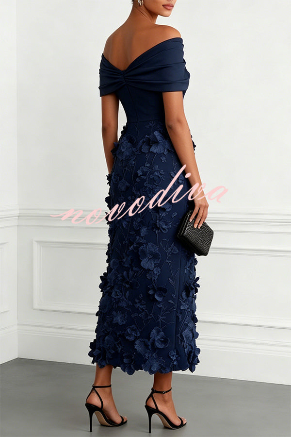 Vestido midi ajustado clásico con bordado floral 3D, hombros descubiertos y manga corta