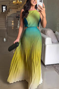 Vestido largo elegante plisado degradado con espalda descubierta y lazada