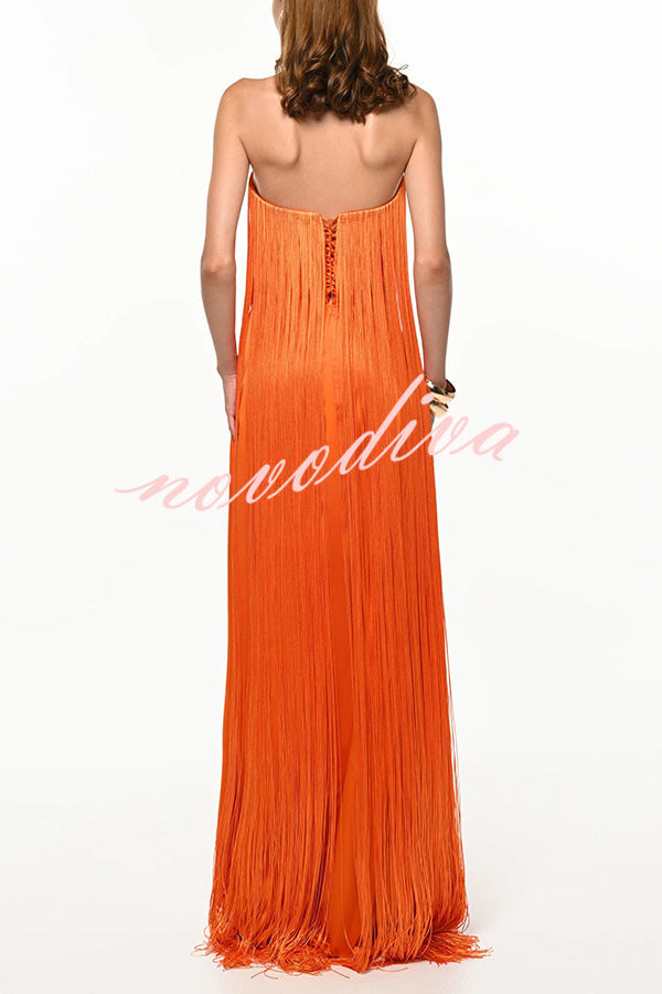 Vestido largo de gala hasta el suelo Dreamy Eye-catching con flecos brillantes y hombros descubiertos