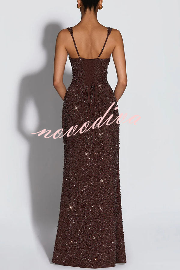 Vestido largo Calanthe de gasa con lentejuelas, fruncido, escote cuadrado y lazada en la espalda
